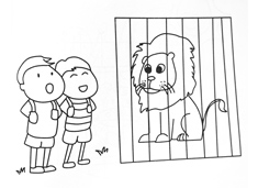 两位小朋友在动物园观看狮子的简笔画图片