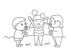 三位小朋友在玩吹泡泡游戏的简笔画