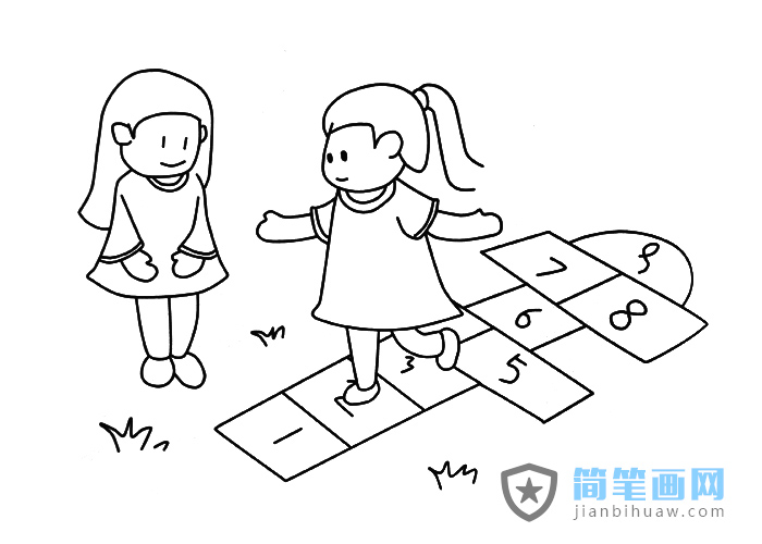 两个小朋友玩跳格子游戏的简笔画图片