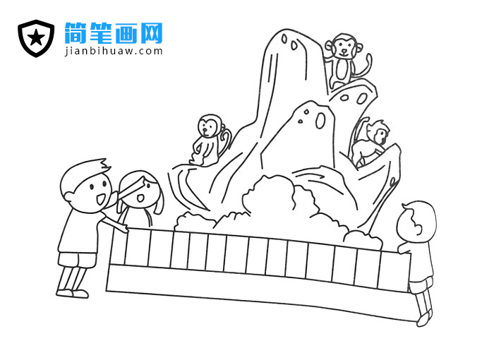 小朋友们在动物园观看猴子的简笔画图片