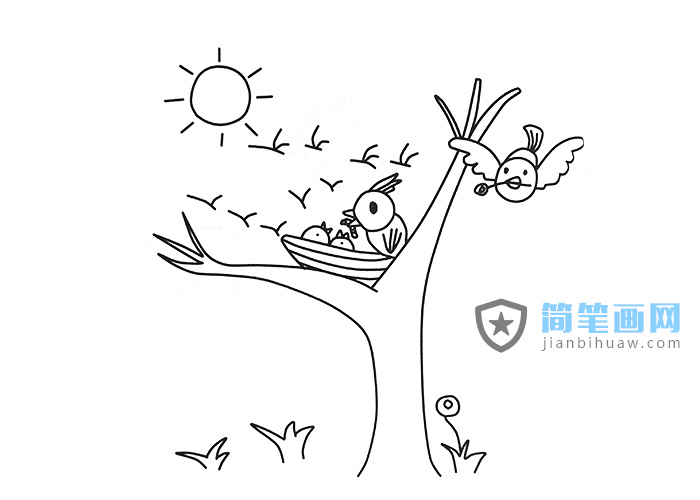 鸟妈妈给小鸟宝宝喂虫子的简笔画图片