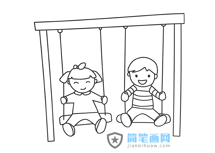 两位小朋友在玩荡秋千的简笔画图片