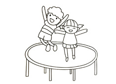 两位小朋友在蹦床上快乐的蹦跳简笔画