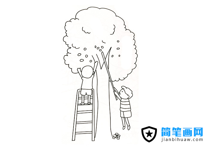 两个小孩子在摘果子的简笔画图片