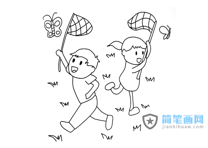 两个小孩在捉蝴蝶的简笔画图片