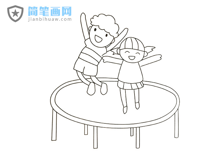 两位小朋友在蹦床上快乐的蹦跳简笔画