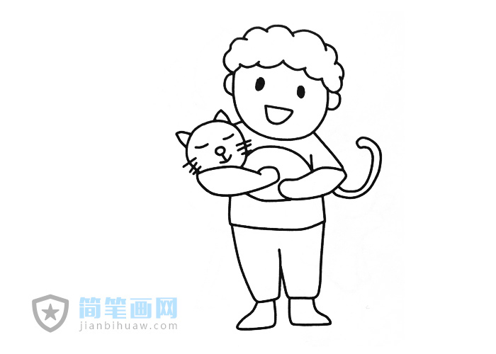 抱着猫咪的小男孩简笔画图片