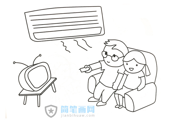 两个小孩在家吹空调看电视的简笔画图片