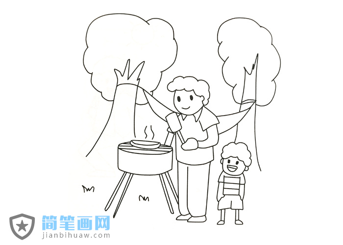 小朋友和家人在户外野炊烧烤的简笔画图片