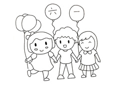 三个小朋友六一儿童节玩气球的简笔画图片