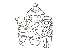 圣诞节两位小朋友摘圣诞树上苹果的简笔画图片