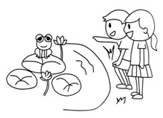 两位小朋友在池塘边看小青蛙的简笔画图片