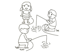 三位小朋友在一起钓鱼的简笔画图片