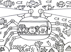小朋友们乘坐海底探险船游览的简笔画图片