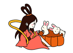 嫦娥在和两只小兔子玩耍的简笔画图片