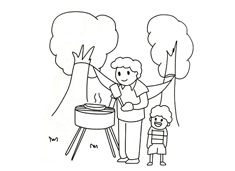 小朋友和爸爸去户外野炊烧烤的简笔画图片