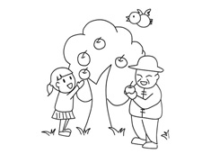 小朋友和爷爷在苹果树下摘苹果的简笔画图片