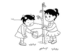 两位小朋友在植树浇水的简笔画图片