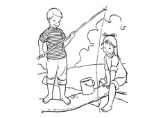 男孩女孩在小河上钓鱼的简笔画图片