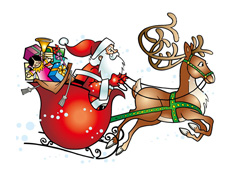 圣诞节圣诞老人驾着驯鹿雪橇车送礼物的简笔画图片