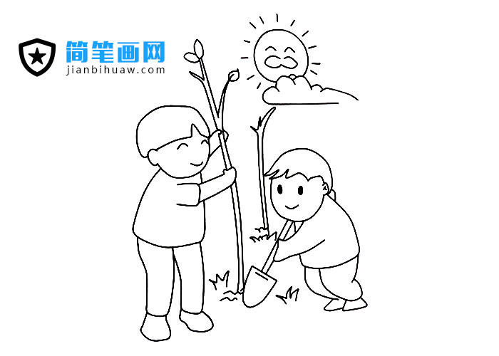两位小朋友在植树的简笔画图片