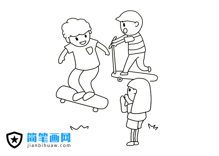 小朋友们一起玩滑板的简笔画图片