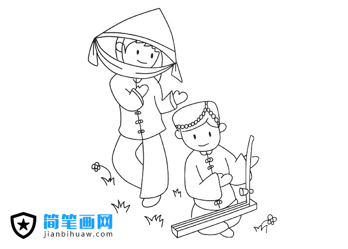 少数民族人民在一起欢歌曼舞的简笔画
