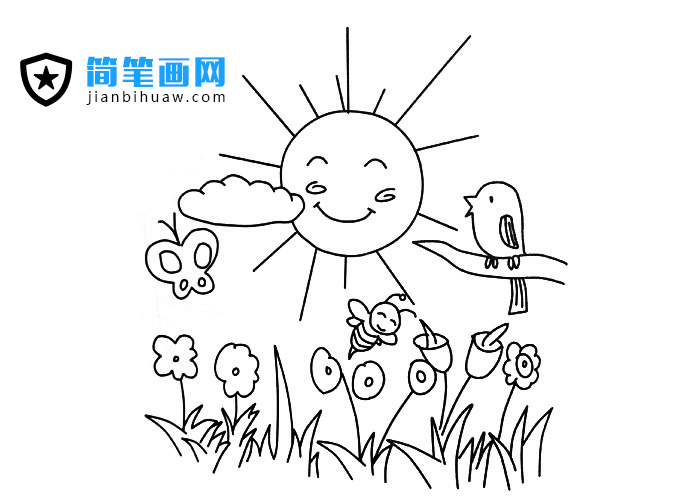 大太阳下鸟语花香的美丽场景简笔画