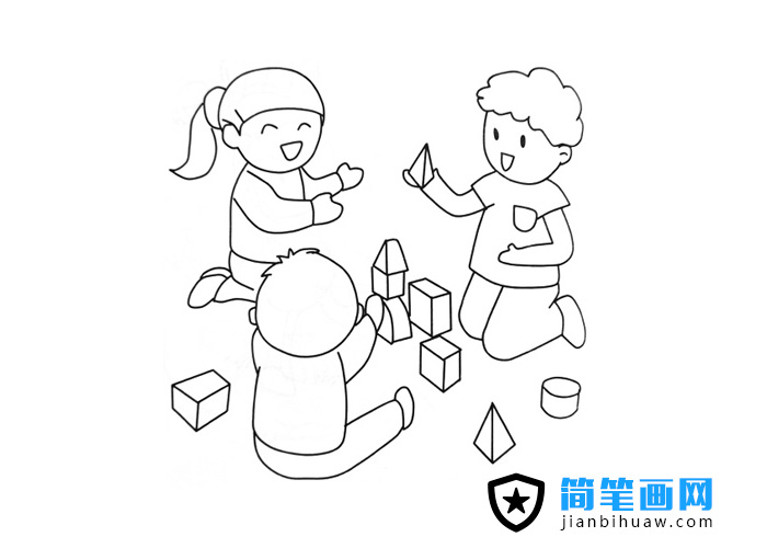 小朋友们在一起搭积木的简笔画图片