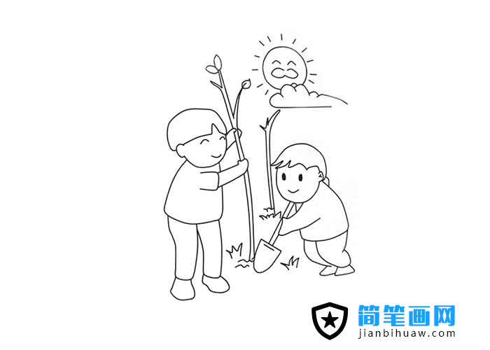 小朋友们在植树的简笔画图片