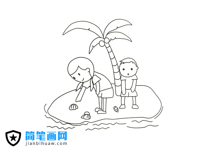 姐弟俩在岛上岸边捡贝壳的简笔画图片