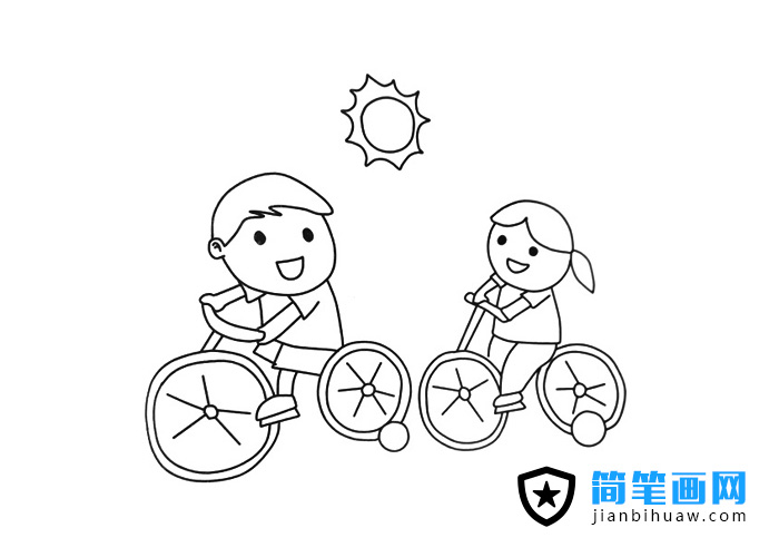 两个小孩子骑自行车的简笔画图片