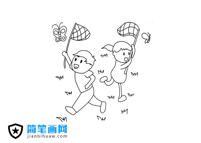 两个小孩子在捉蝴蝶的简笔画图片