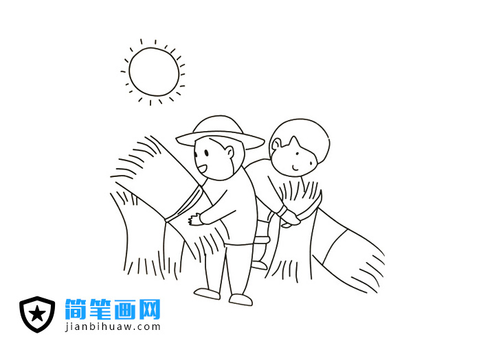 烈日下收割农民伯伯收割麦子的简笔画图片