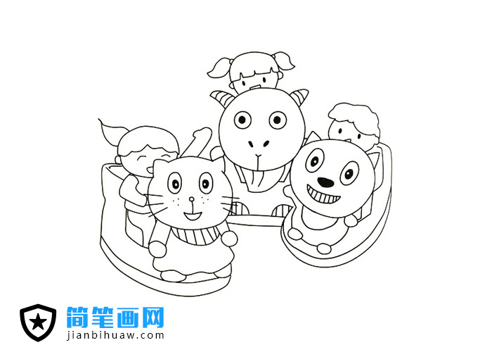 三个小孩子在玩喜洋洋摇摇车简笔画图片