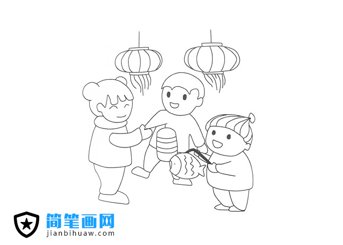 三个小朋友一起玩灯笼的简笔画图片