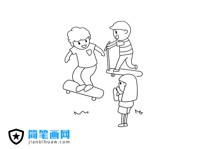 三个小朋友在玩滑板车的简笔画图片