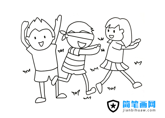 三位小朋友在玩捉迷藏游戏的简笔画图片