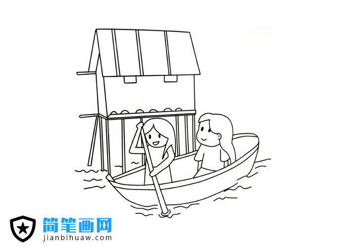 小女孩和妈妈在公园里划船的简笔画图片