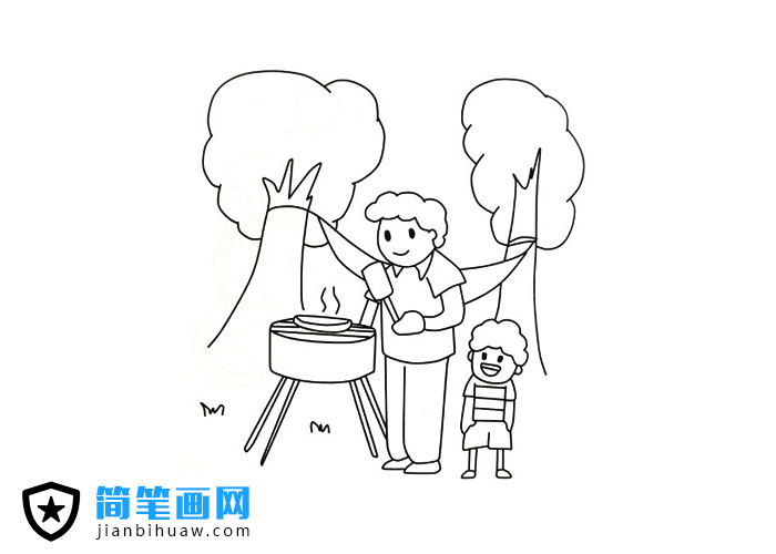 小朋友和爸爸去户外野炊烧烤的简笔画图片