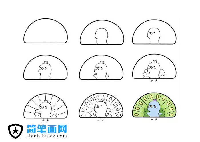 1个半圆就能画出可爱的简笔画 -- 孔雀
