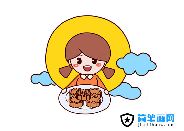 中秋节小朋友端着一盘月饼的简笔画图片