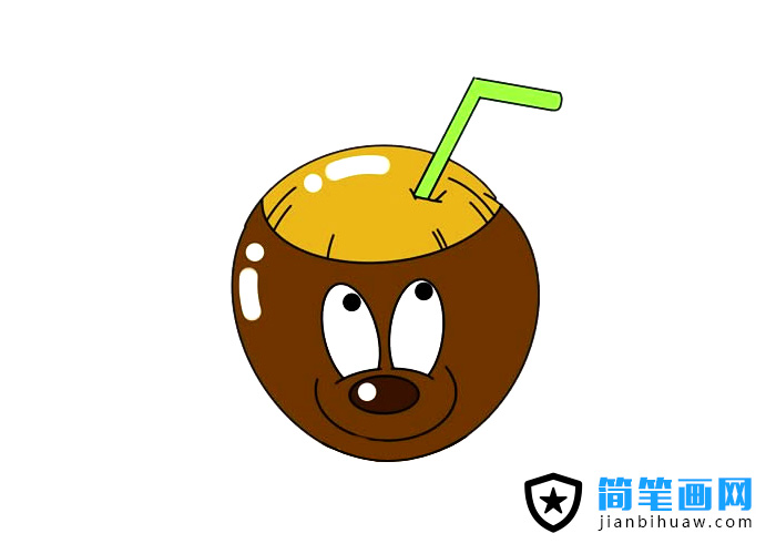卡通椰子带吸管的简笔画图片含上色