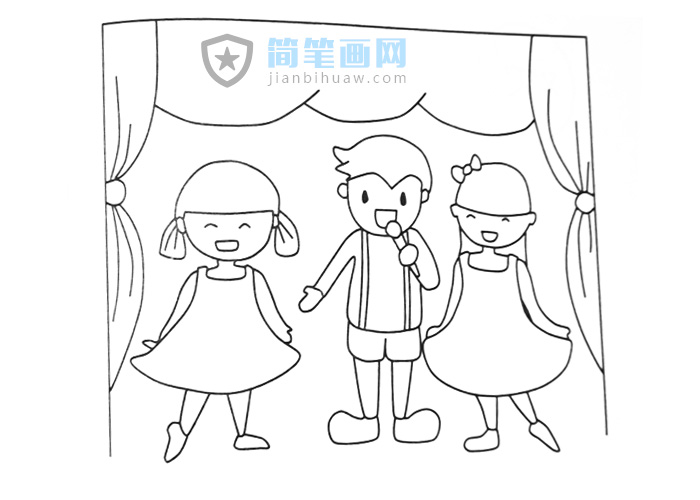 三位小朋友在舞台上表演唱歌的简笔画图片