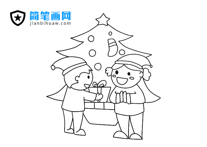 两位小朋友圣诞节交换礼物的简笔画图片