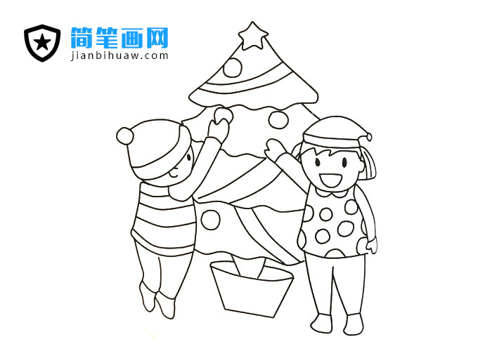 圣诞节两位小朋友摘圣诞树上苹果的简笔画图片
