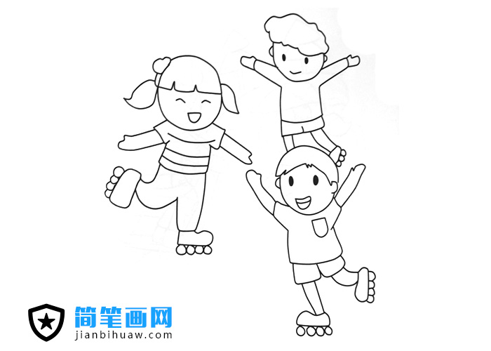 三位小朋友在玩滑轮鞋的简笔画图片