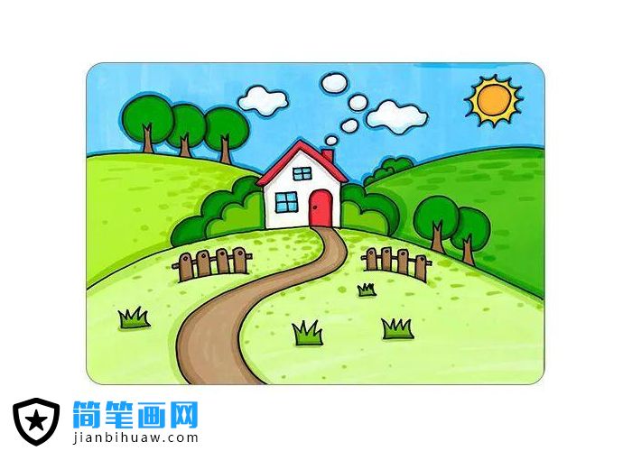美丽的村庄简笔画图片含上色