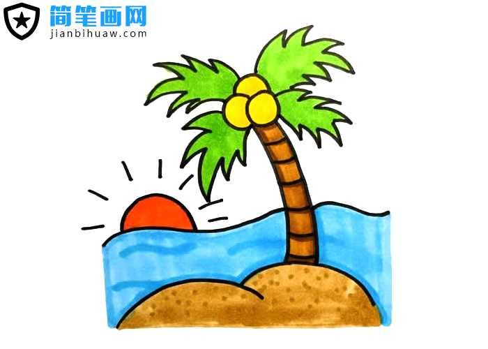 海边日出椰树风景简笔画含上色图片
