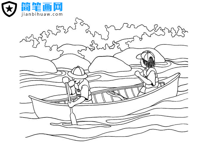 两位探险者在野外划船的简笔画图片